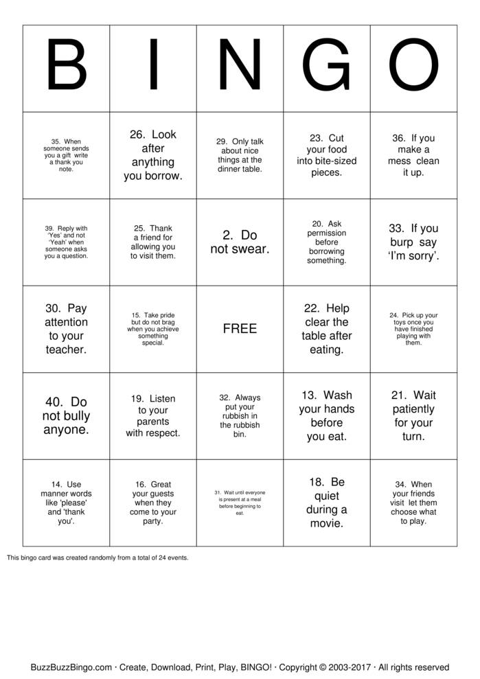 Manners Bingo Cards to Download, Print and Customize!