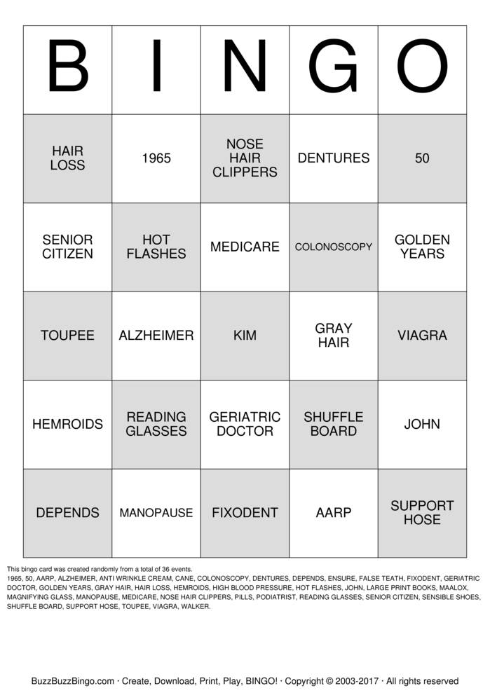 Download Free OVER THE HILL Bingo Cards