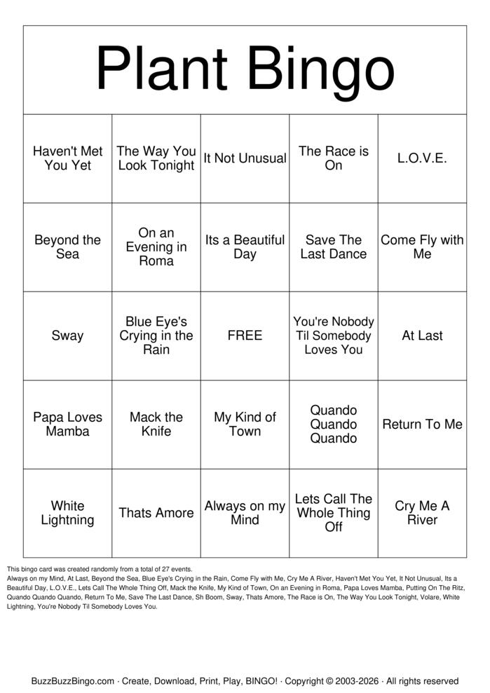 Download Free Plant! Music Bingo Bingo Cards Download Free Plant! Music Bingo Bingo Cards