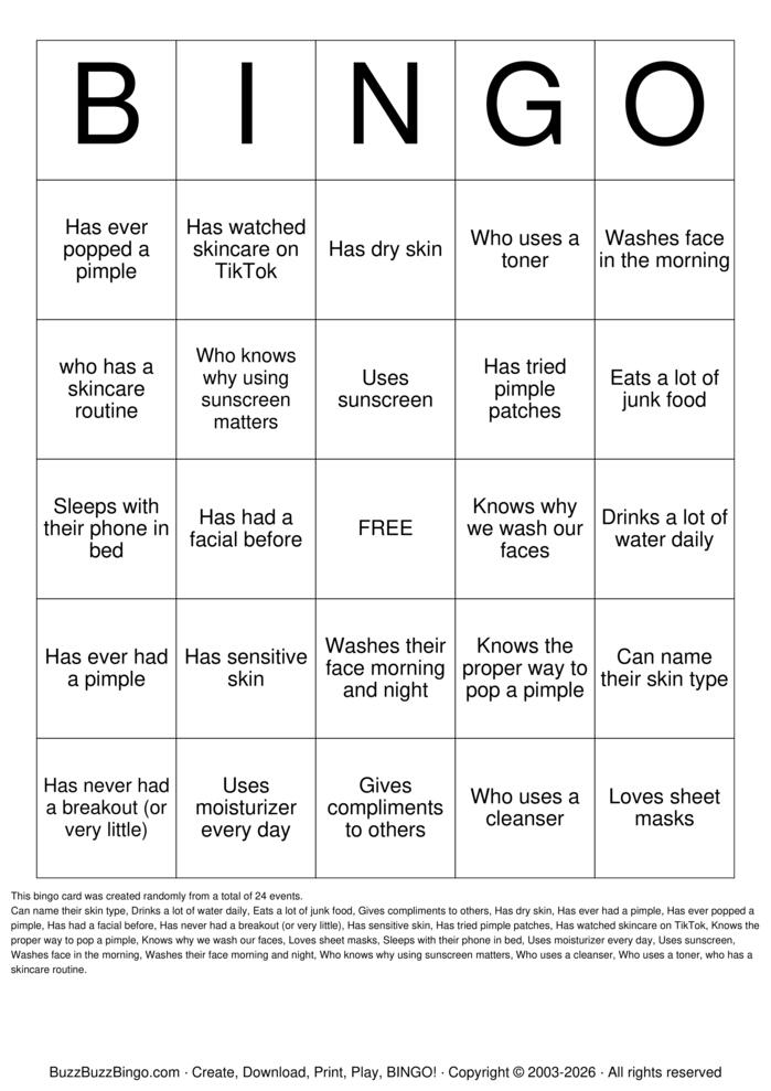 Download Free SKIN CARE Bingo Cards Download Free SKIN CARE Bingo Cards