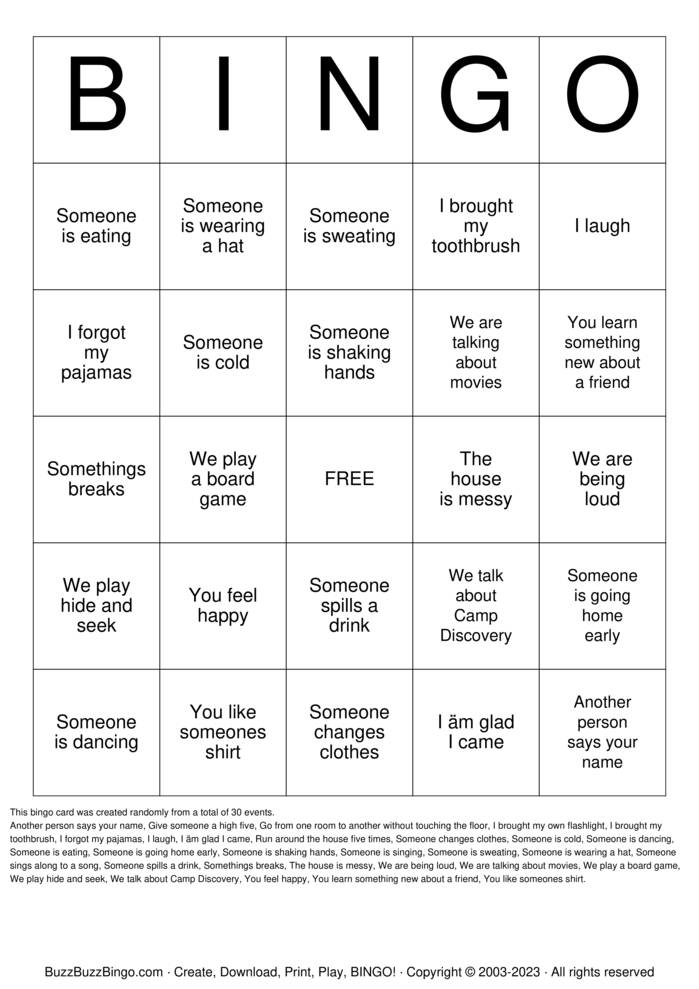 Download Free Sleepover Bingo Bingo Cards