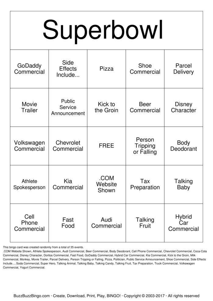Superbowl Commercials Bingo Cards to Download, Print and Customize!