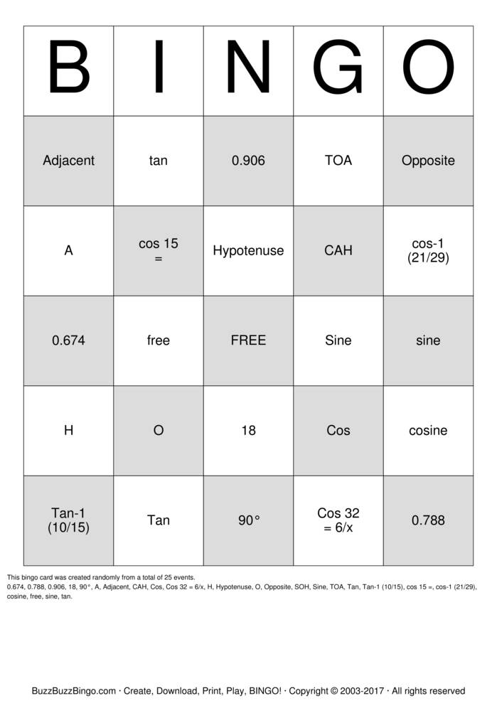 Download Free Trigonometry Bingo Cards