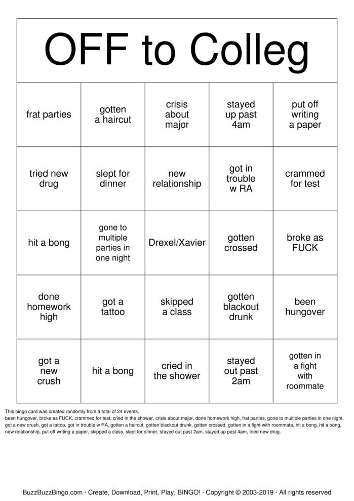 Download Free first year of college bingo  Bingo Cards