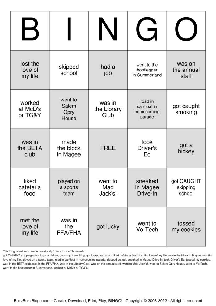 in high school I... Bingo Cards to Download, Print and Customize!