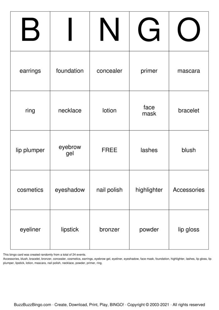 Download Free makeup Bingo Cards Download Free makeup Bingo Cards