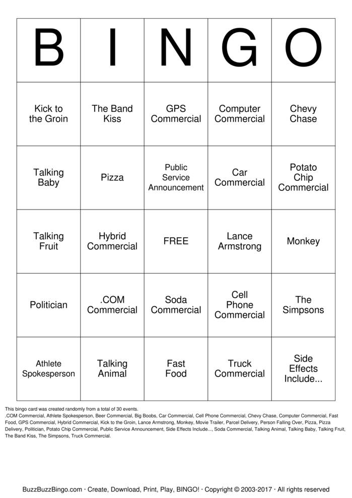 Download Free 2012 Superbowl Commercials Bingo Cards