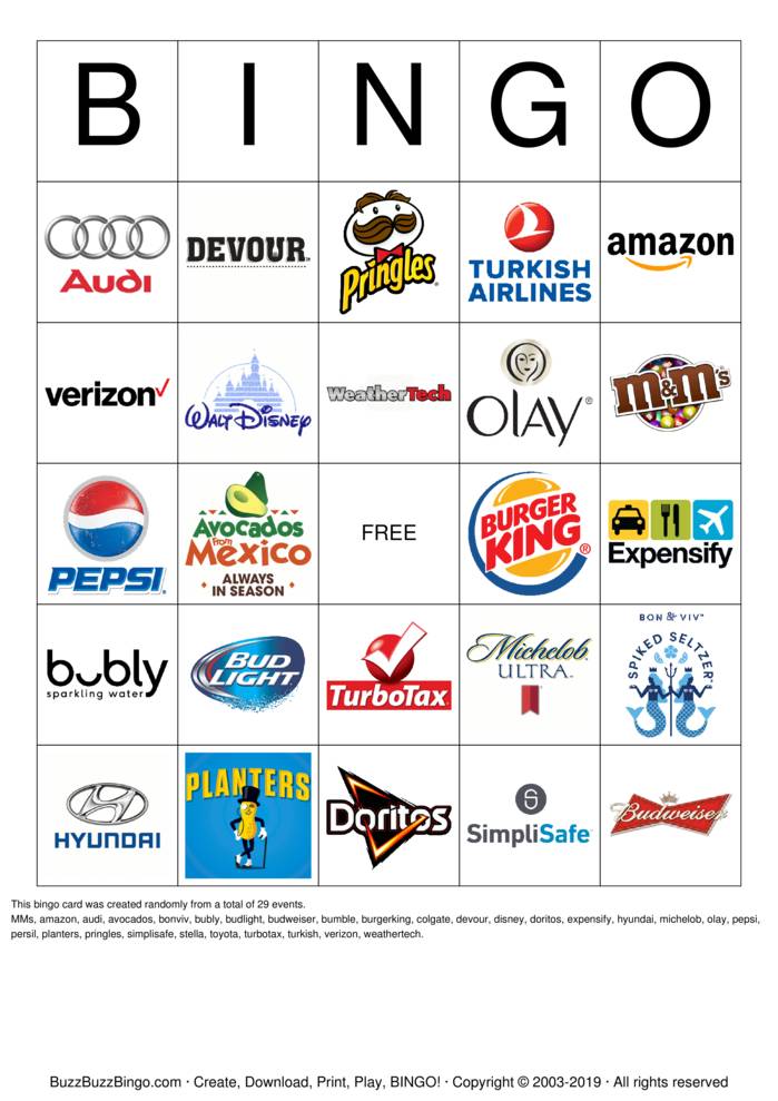 2019 Superbowl Commercial Logos Bingo Cards to Download, Print and ...