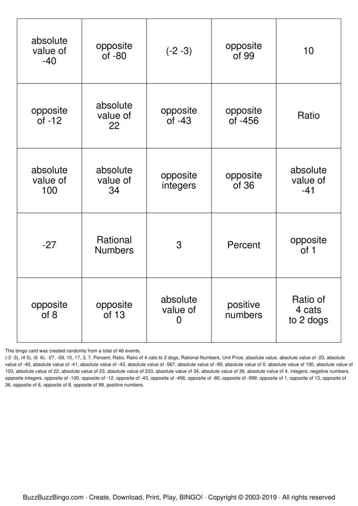 Download Free 6th grade Math Bingo Cards