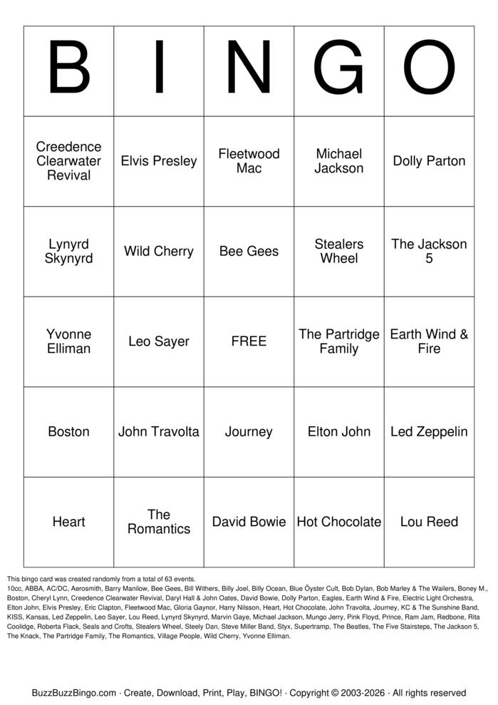 Download Free 70s Music Unique Artists Bingo Cards