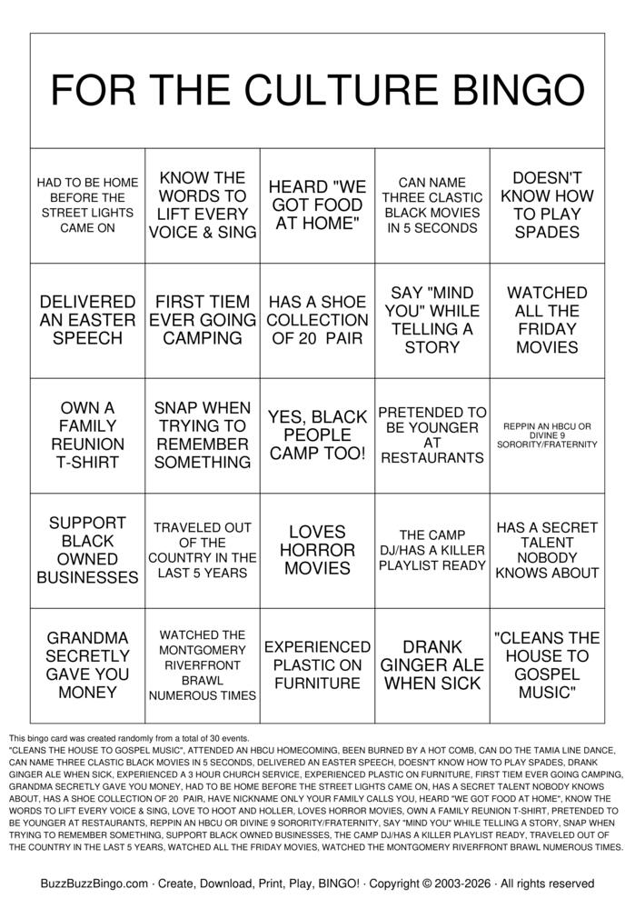 Download Free Black people Bingo Cards