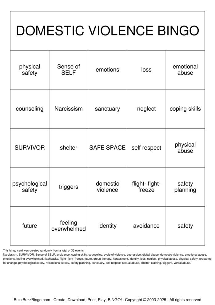Download Free DOMESTIC VIOLENCE Bingo Cards Download Free DOMESTIC VIOLENCE Bingo Cards