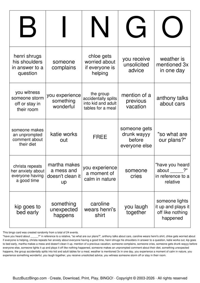 Download Free Family Vacation  Bingo Cards