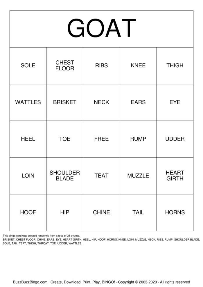 Download Free GOATS Bingo Cards Download Free GOATS Bingo Cards