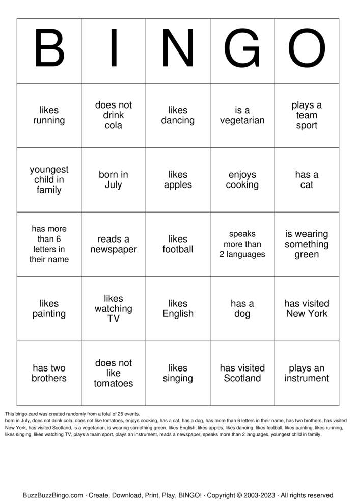 Download Free Getting to know you Bingo Cards
