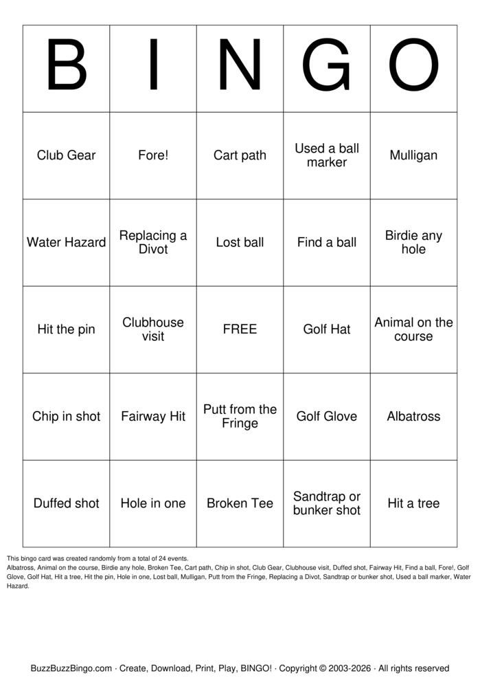 Download Free Golf Bingo Cards