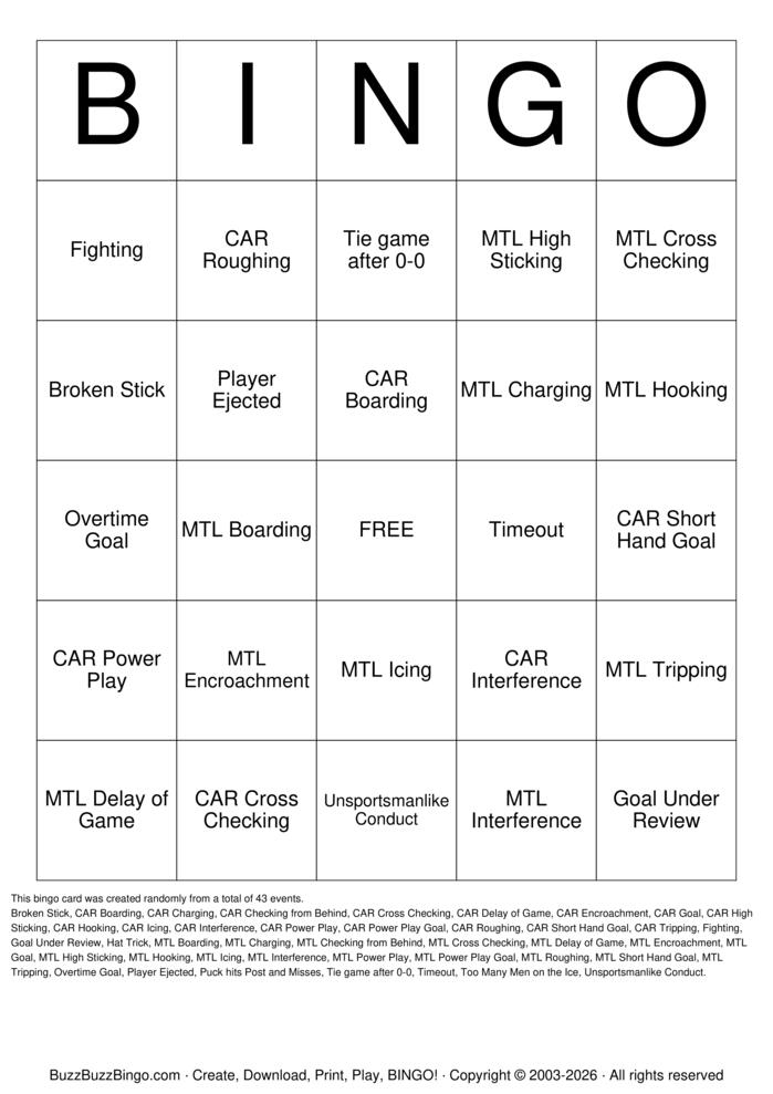 Download Free Hockey Bingo Cards