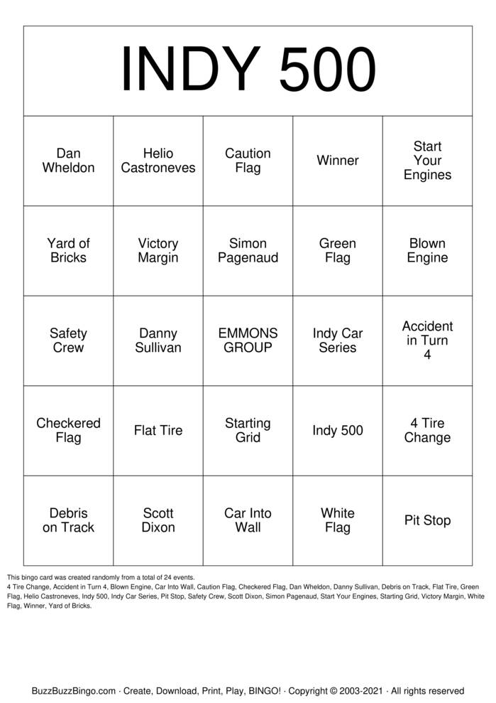 Download Free Indy 500 Bingo Cards