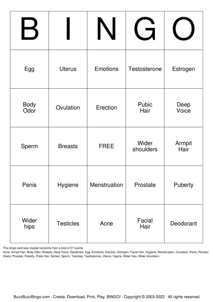 It's Puberty ! Bingo Cards to Download, Print and Customize!
