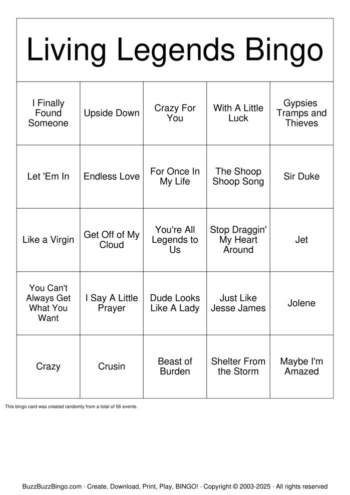 Download Free Living Legends Bingo Cards