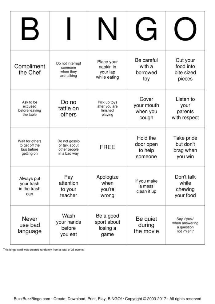 Manners B-I-N-G-O Bingo Cards to Download, Print and Customize!