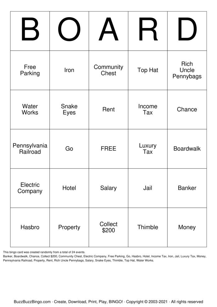Download Free Monopoly Bingo Cards
