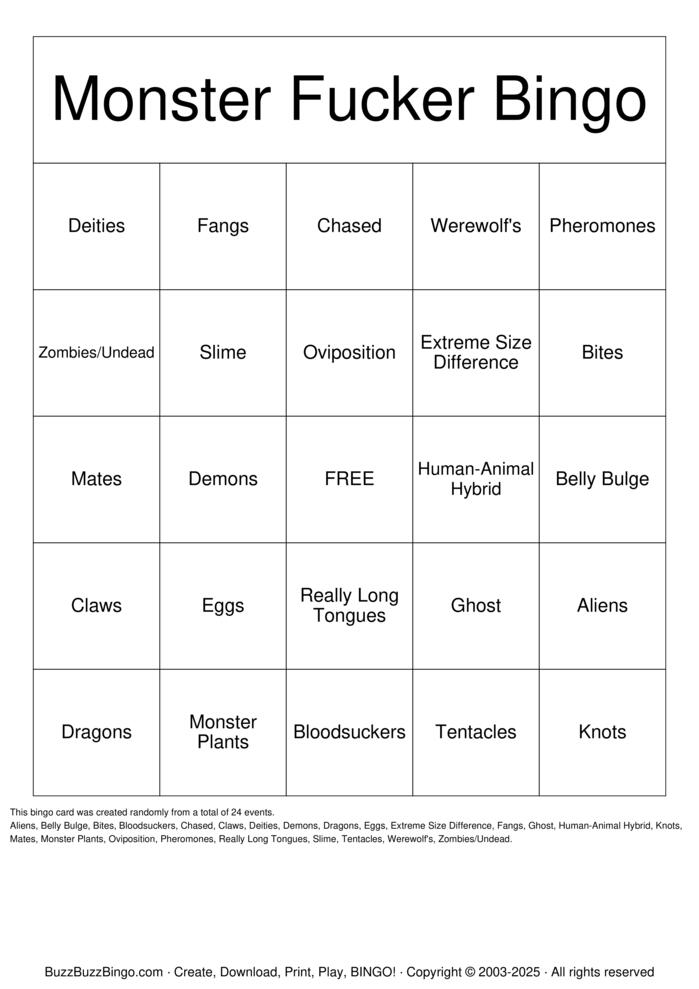 Download Free Monster Fucker  Bingo Cards