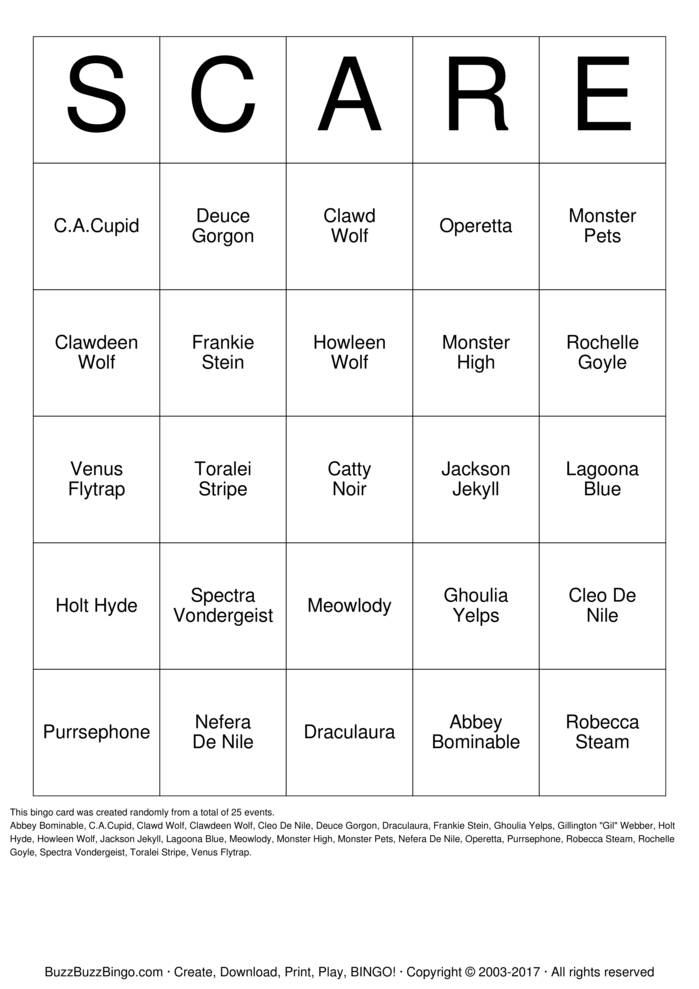 Download Free Monster High Bingo Cards Download Free Monster High Bingo Cards
