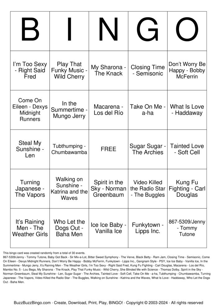 Download Free One-Hit Wonders Bingo Cards