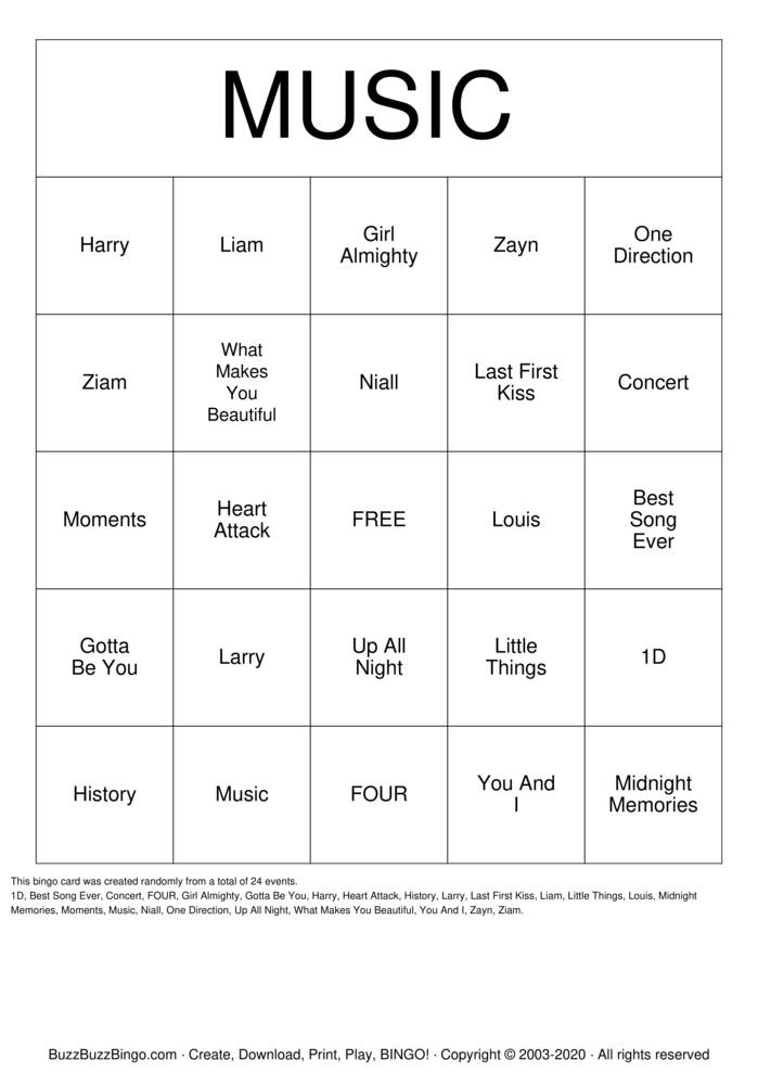 Download Free One Direction Bingo Bingo Cards