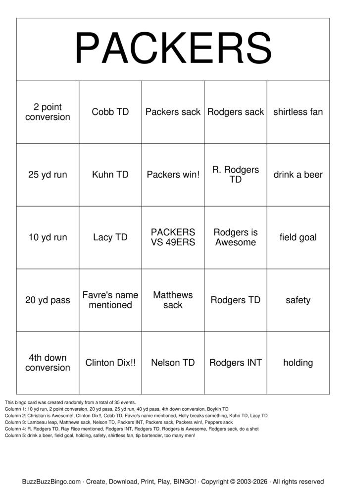 Download Free Packers Bingo Cards Download Free Packers Bingo Cards
