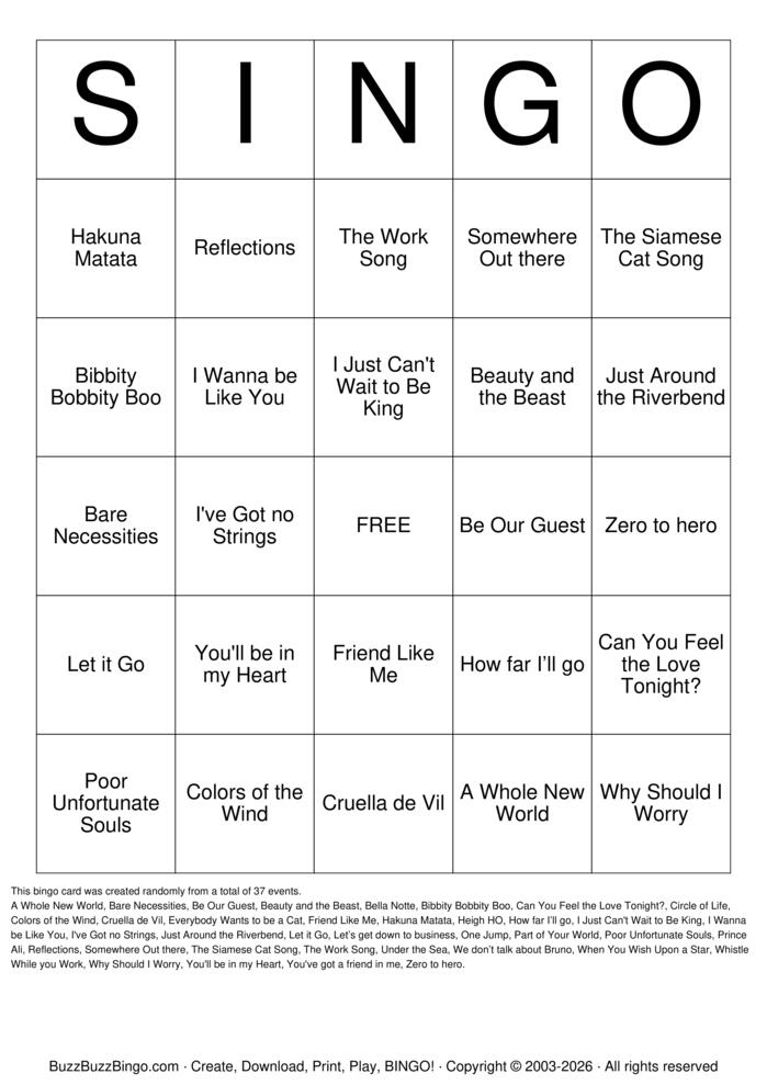 Download Free SINGO - DISNEY Bingo Cards Download Free SINGO - DISNEY Bingo Cards