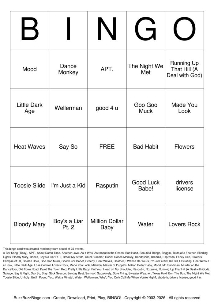 Download Free Songs That Went Viral on TikTok Titles Bingo Cards
