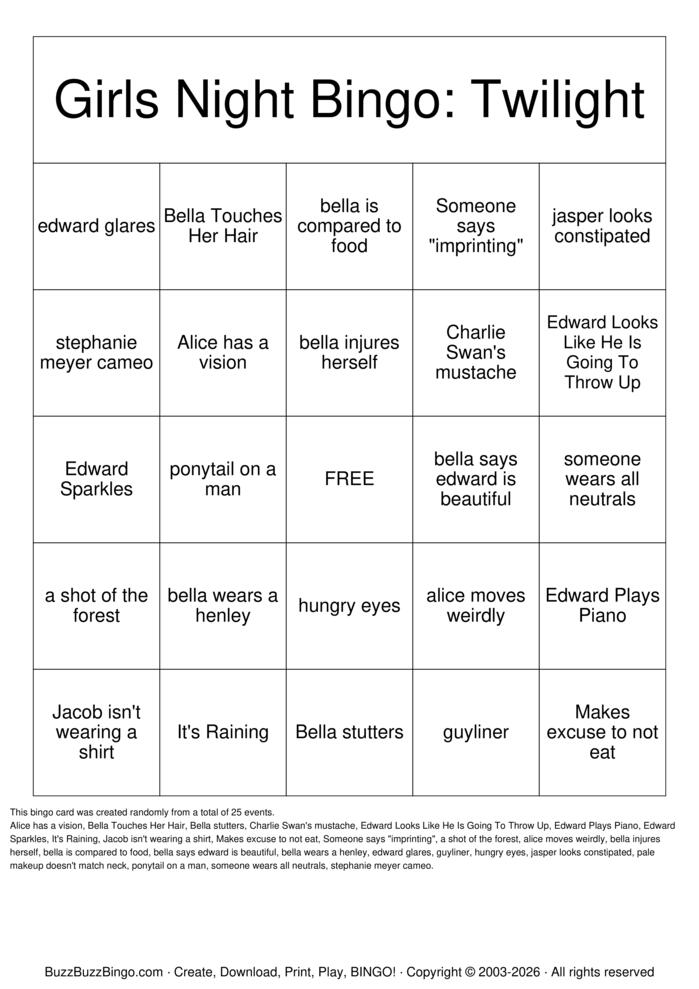 Download Free TWILIGHT BINGO Bingo Cards Download Free TWILIGHT BINGO Bingo Cards