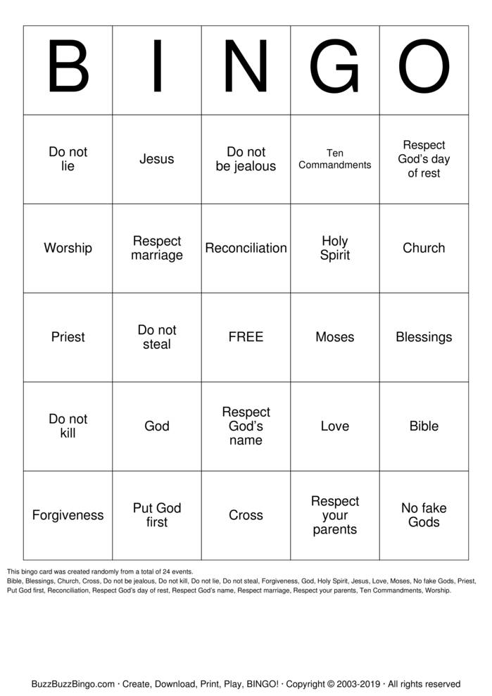 Download Free The 10 Commandments  Bingo Cards
