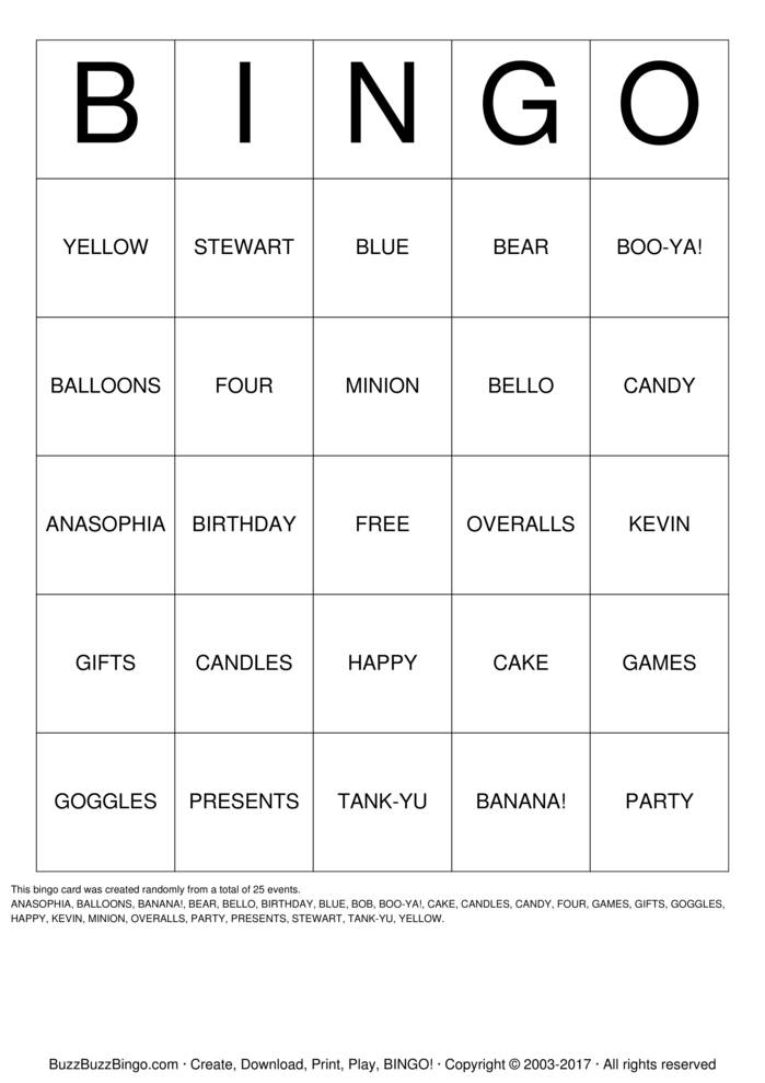 Download Free minion Bingo Cards