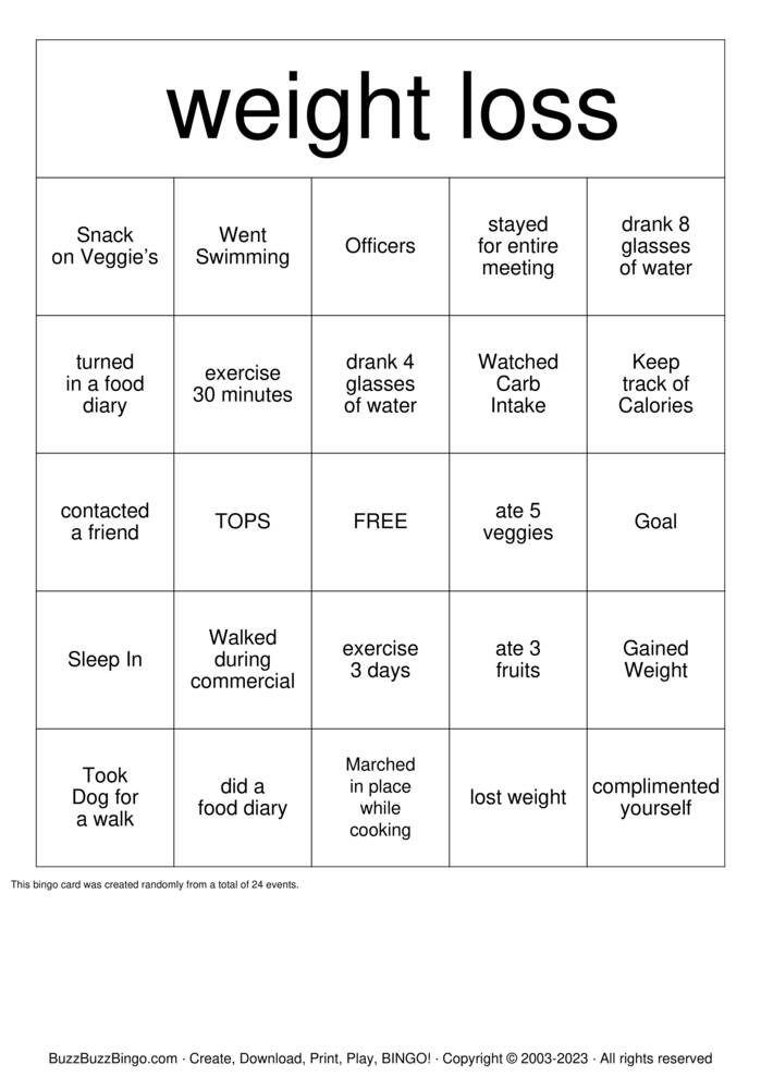 weight loss Bingo Cards to Download, Print and Customize!