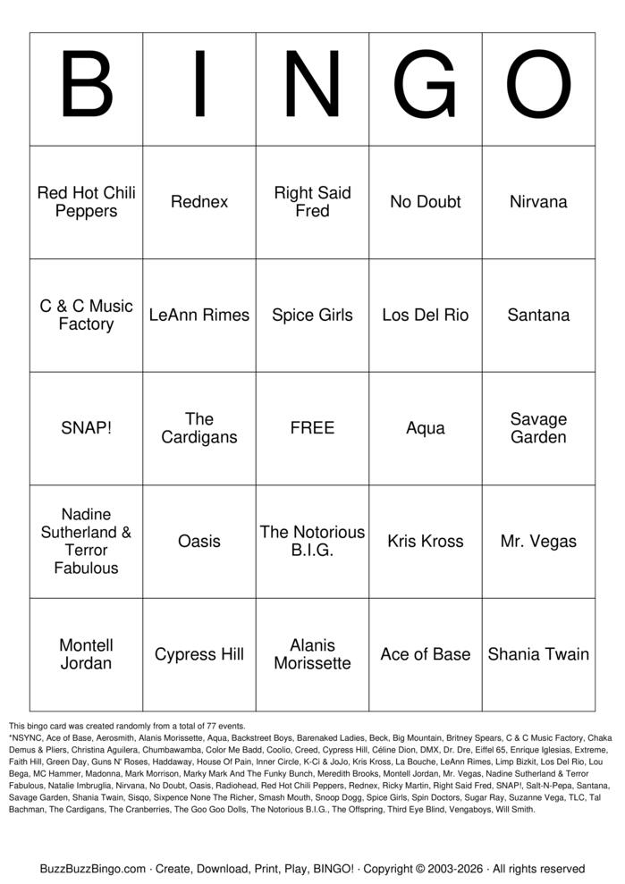 Download Free 90s Music Unique Artists Bingo Cards