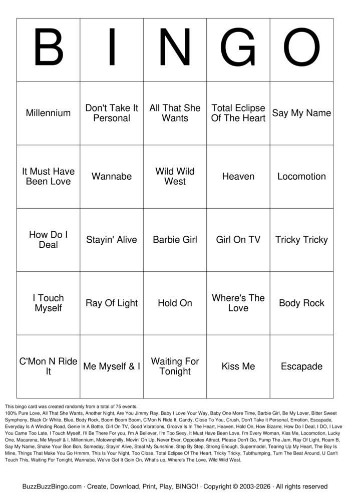 Download Free 90's POP VOL 1 Bingo Cards Download Free 90's POP VOL 1 Bingo Cards
