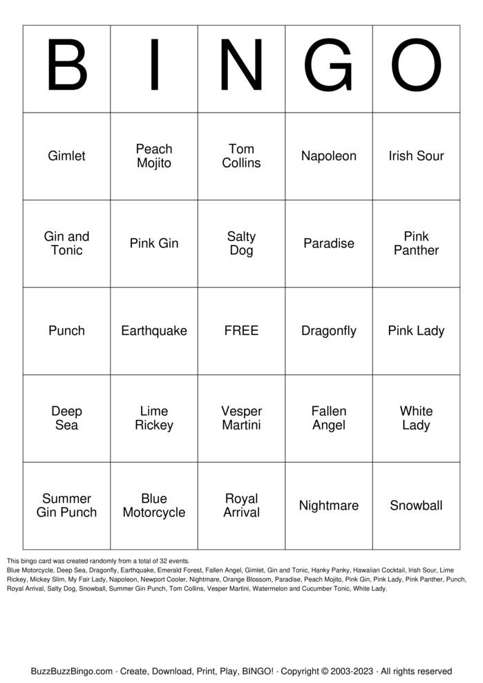 Download Free Alcoholic Drinks with Gin Bingo Cards