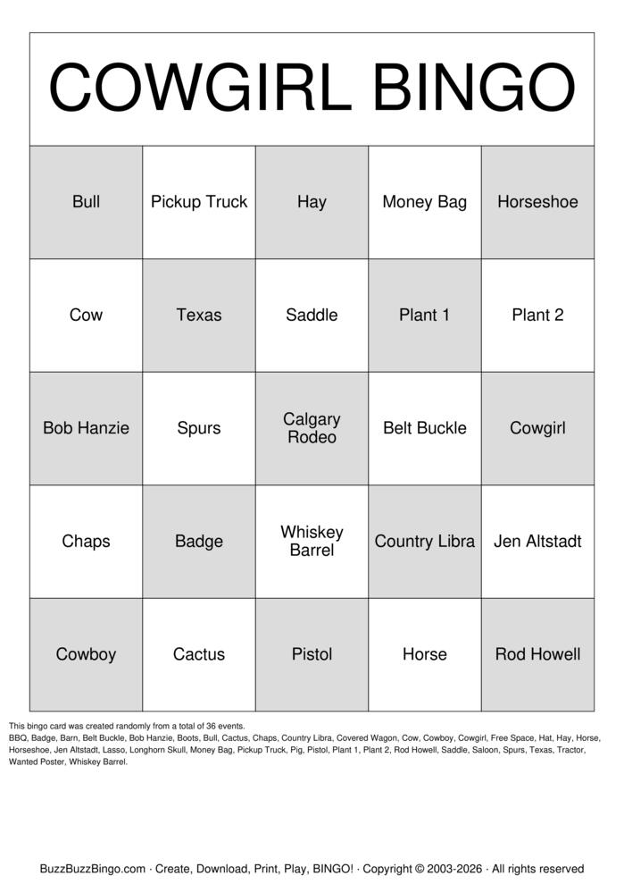 Download Free COWGIRL BINGO Bingo Cards