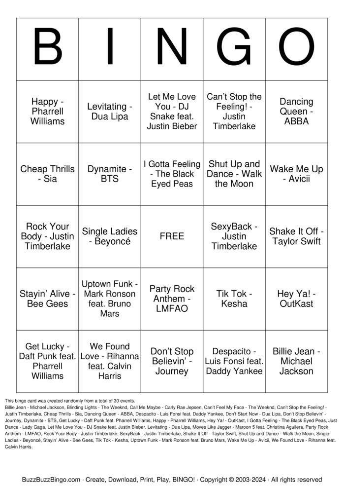 Download Free Dance Party Hits Bingo Cards