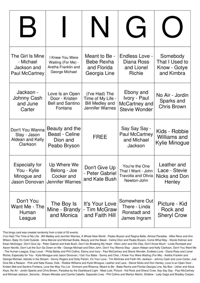Download Free Duets & Karaoke Pairs Top 50 Bingo Cards Download Free Duets & Karaoke Pairs Top 50 Bingo Cards