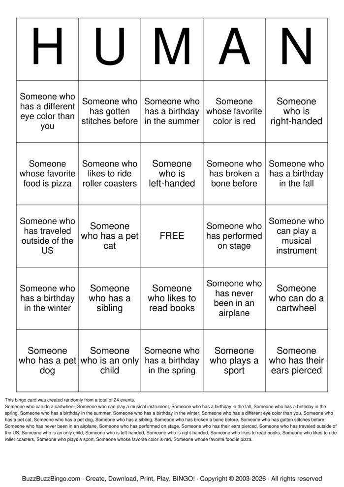 Download Free Human Bingo Cards Download Free Human Bingo Cards