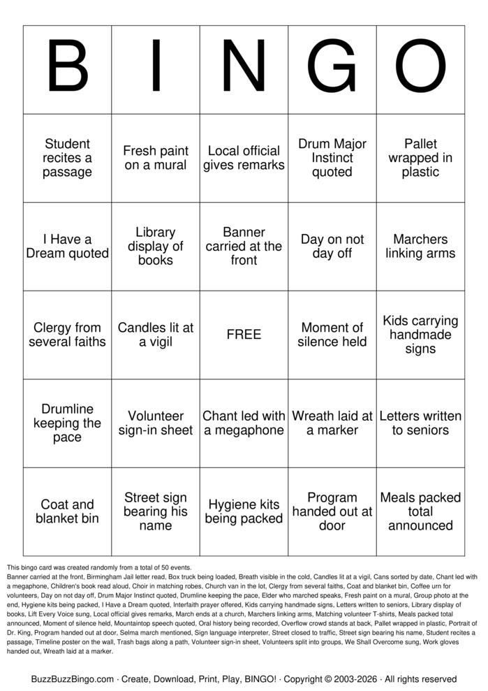 Download Free Martin Luther King Jr. Day Bingo Cards
