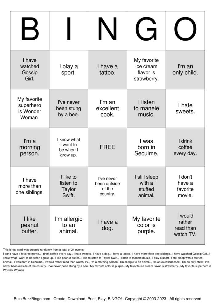 Download Free People  Bingo Cards