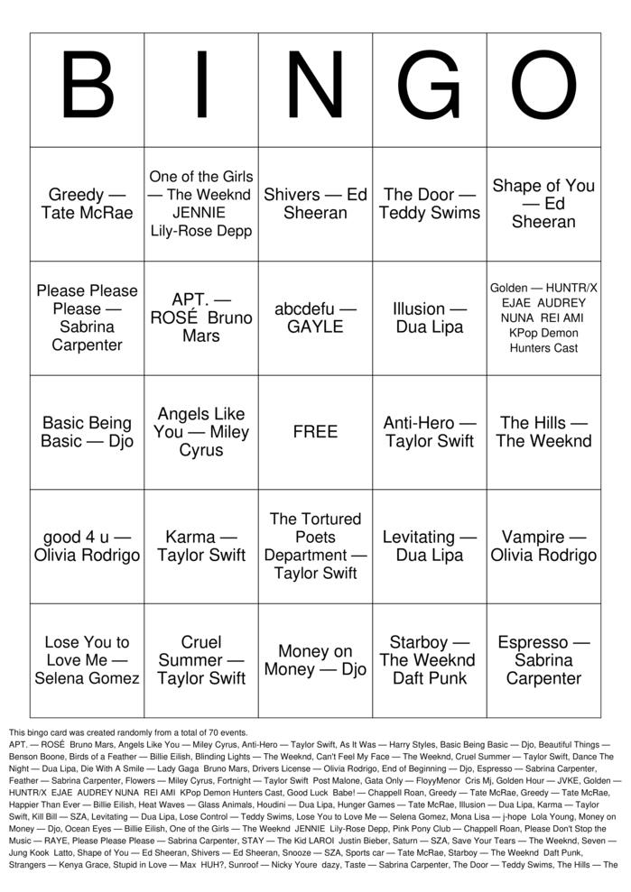 Download Free Pop Songs Bingo Cards Download Free Pop Songs Bingo Cards