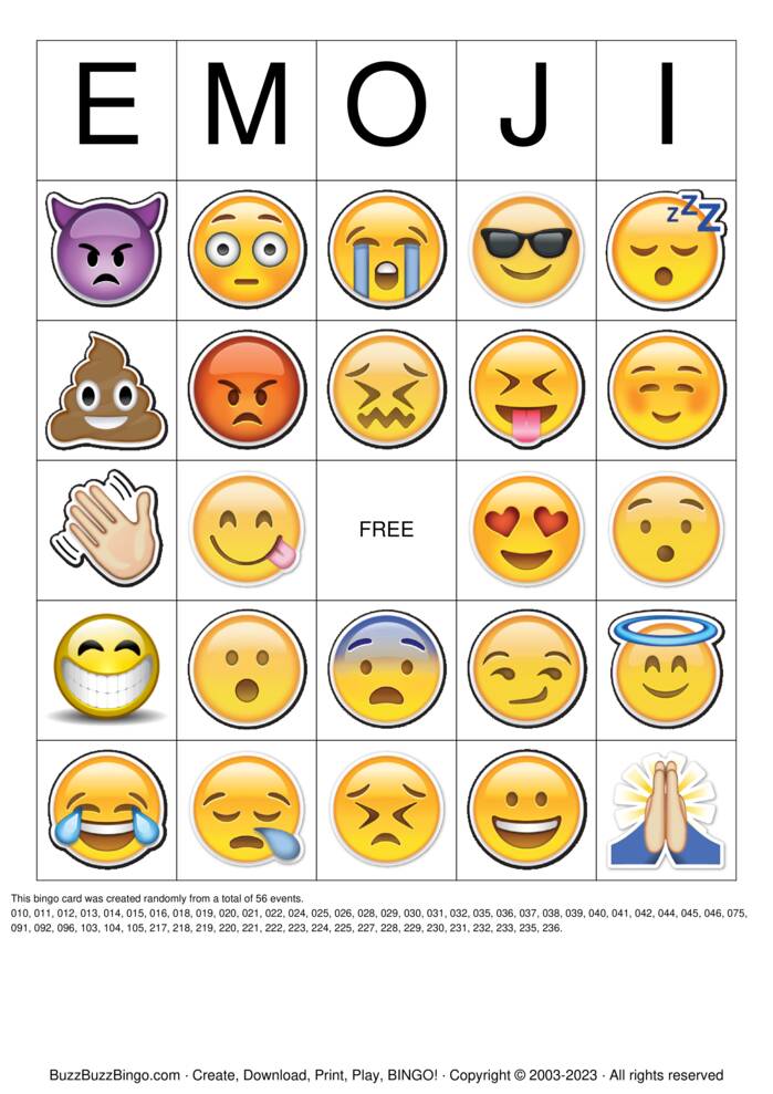 Download Free Popular Emoji Images Bingo Cards