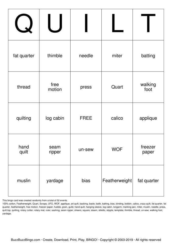 QUILT Bingo Cards to Download, Print and Customize!