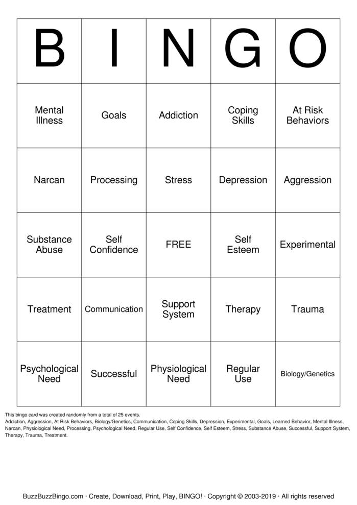 Substance Abuse Bingo Cards to Download, Print and Customize!